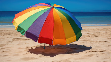 A colorful beach umbrella on a sandy beach. Generative AIの素材