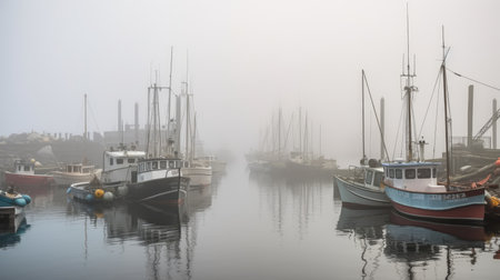 A foggy harbor with fishing boats. Generative AIの素材
