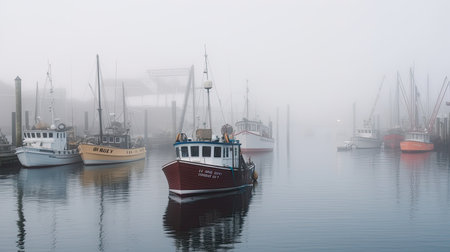 A foggy harbor with fishing boats. Generative AIの素材