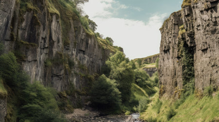 A gorge with steep rock walls. Generative AIの素材