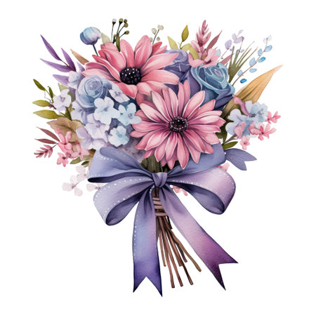 Watercolor delicate bouquet of flowers with a ribbon tied around, isolated. Generative AIの素材