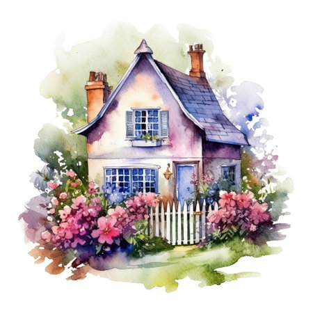 Watercolor cozy cottage surrounded by flowers garden, isolated. Generative AIの素材