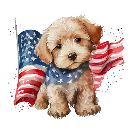 Watercolor happy cute patriotic dog, puppy with American flag print, (Fourth) 4th of july Independence Day USA, isolated. Generative AIの素材