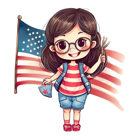 Watercolor happy cute patriotic girl with American flag print, (Fourth) 4th of july Independence Day USA, isolated. Generative AIの素材