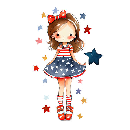 Watercolor happy cute patriotic girl with American flag print, (Fourth) 4th of july Independence Day USA, isolated. Generative AIの素材
