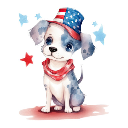 Watercolor happy cute patriotic dog, puppy with American flag print, (Fourth) 4th of july Independence Day USA, isolated. Generative AIの素材
