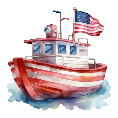 Watercolor happy cute patriotic boat, ship with American flag print, (Fourth) 4th of july Independence Day USA, isolated. Generative AIの素材