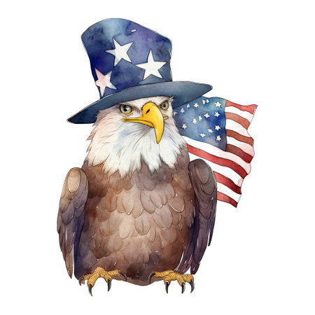 Watercolor happy cute patriotic eagle with American flag print, (Fourth) 4th of july Independence Day USA, isolated. Generative AIの素材