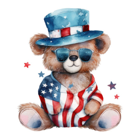 Watercolor happy cute patriotic bear with American flag print, (Fourth) 4th of july Independence Day USA, isolated. Generative AIの素材
