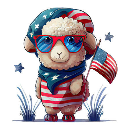 Watercolor happy cute patriotic sheep with American flag print, (Fourth) 4th of july Independence Day USA, isolated. Generative AIの素材