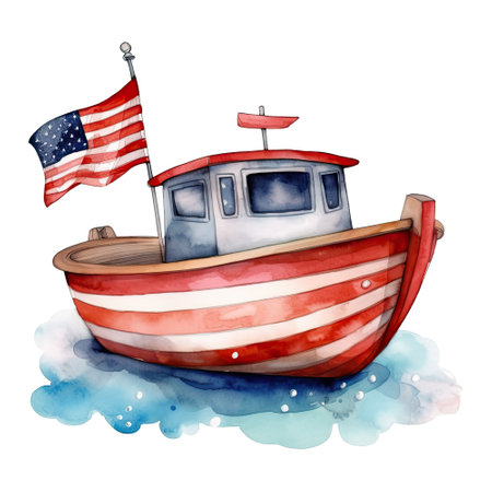 Watercolor happy cute patriotic boat, ship with American flag print, (Fourth) 4th of july Independence Day USA, isolated. Generative AIの素材