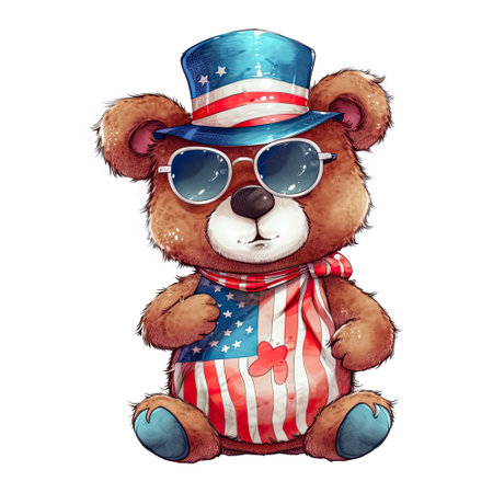 Watercolor happy cute patriotic bear with American flag print, (Fourth) 4th of july Independence Day USA, isolated. Generative AIの素材