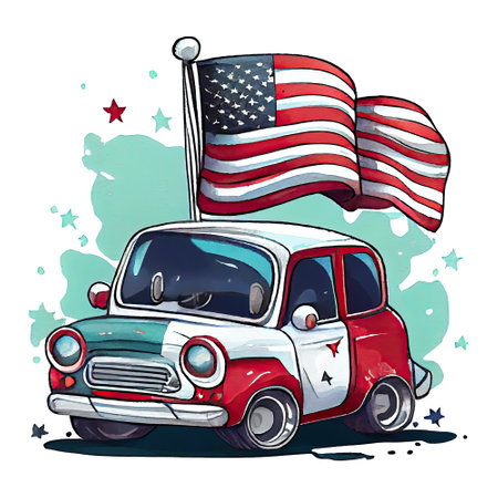 Watercolor happy cute patriotic car with American flag print, (Fourth) 4th of july Independence Day USA, isolated. Generative AIの素材