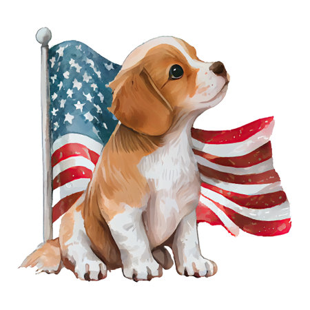 Watercolor happy cute patriotic dog, puppy with American flag print, (Fourth) 4th of july Independence Day USA, isolated. Generative AIの素材