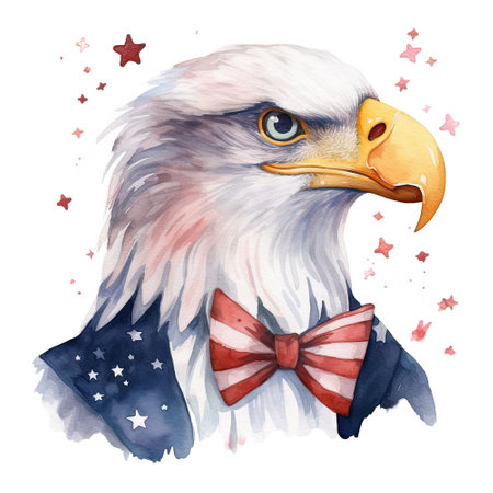 Watercolor happy cute patriotic eagle with American flag print, (Fourth) 4th of july Independence Day USA, isolated. Generative AIの素材