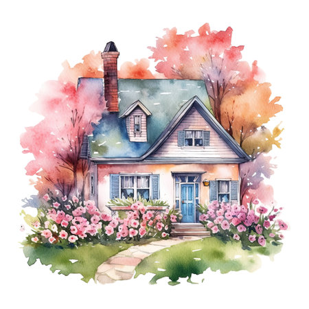 Watercolor cozy cottage surrounded by flowers garden, isolated. Generative AIの素材