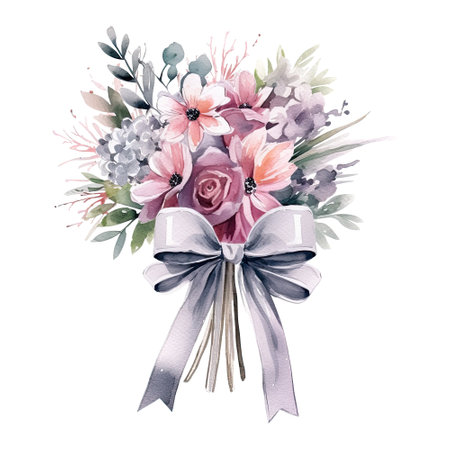 Watercolor delicate bouquet of flowers with a ribbon tied around, isolated. Generative AIの素材