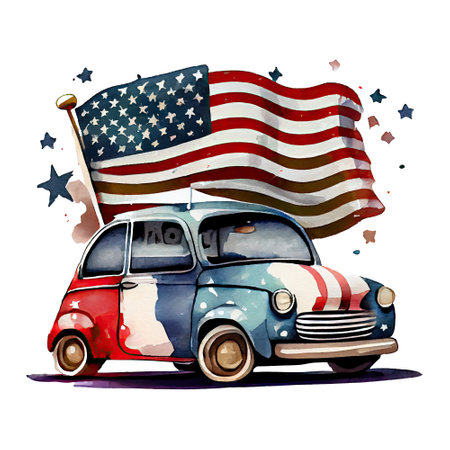 Watercolor happy cute patriotic car with American flag print, (Fourth) 4th of july Independence Day USA, isolated. Generative AIの素材