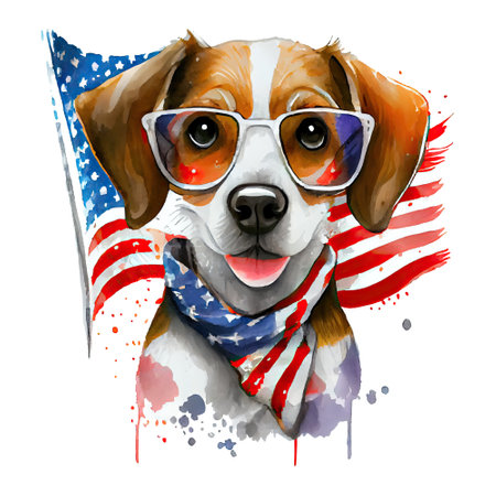 Watercolor happy cute patriotic dog, puppy with American flag print, (Fourth) 4th of july Independence Day USA, isolated. Generative AIの素材