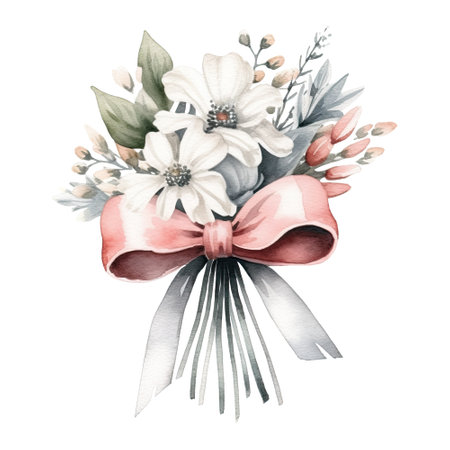 Watercolor delicate bouquet of flowers with a ribbon tied around, isolated. Generative AIの素材