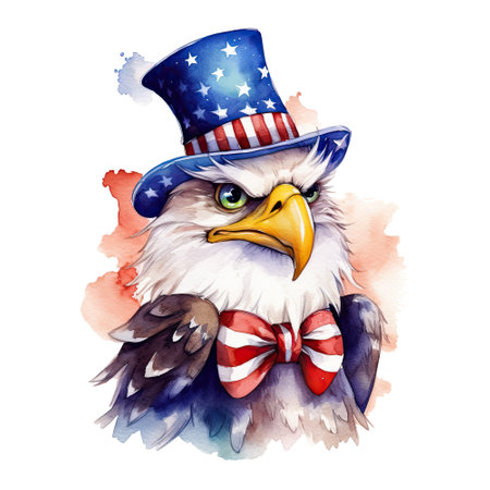 Watercolor happy cute patriotic eagle with American flag print, (Fourth) 4th of july Independence Day USA, isolated. Generative AIの素材