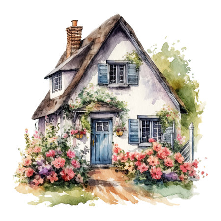 Watercolor cozy cottage surrounded by flowers garden, isolated. Generative AIの素材
