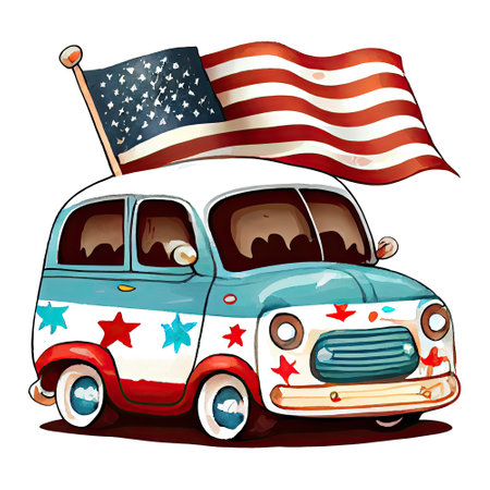 Watercolor happy cute patriotic car with American flag print, (Fourth) 4th of july Independence Day USA, isolated. Generative AIの素材