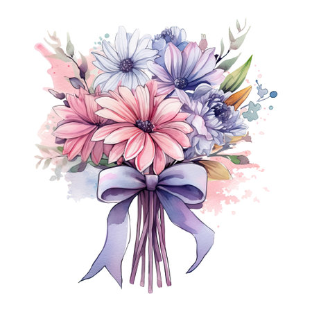Watercolor delicate bouquet of flowers with a ribbon tied around, isolated. Generative AIの素材