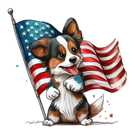 Watercolor happy cute patriotic dog, puppy with American flag print, (Fourth) 4th of july Independence Day USA, isolated. Generative AIの素材