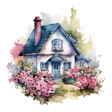 Watercolor cozy cottage surrounded by flowers garden, isolated. Generative AIの素材