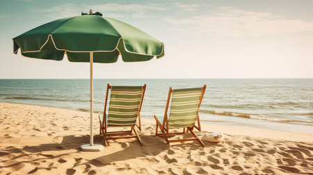A beach scene with a parasol and beach chairs. Generative AIの素材