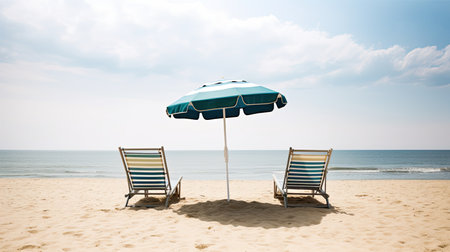A beach scene with a parasol and beach chairs. Generative AIの素材