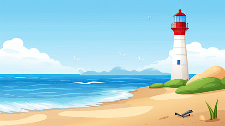 A beach scene with a lighthouse in the background. Generative AIの素材