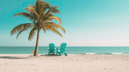 A beach scene with a palm tree and a beach chair. Generative AIの素材