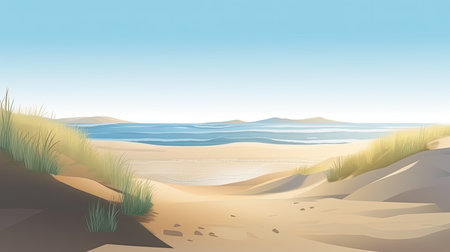 A beach landscape with sand dunes and waves. Generative AIの素材