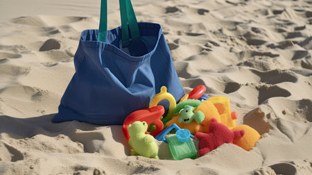 A beach bag with sand toys. Generative AIの素材