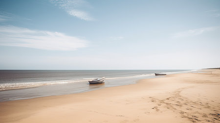 Beach scene with a fishing boat on the shore. Generative AIの素材