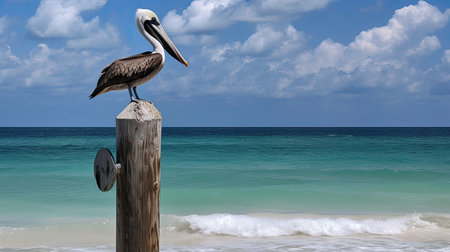 A beach scene with a pelican perched on a post. Generative AIの素材