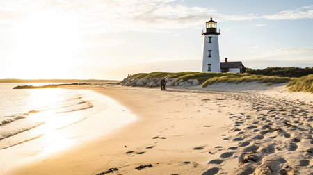 A beach scene with a lighthouse in the background. Generative AIの素材