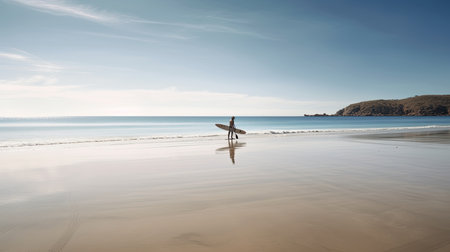 A beach scene with a paddleboarder in calm waters. Generative AIの素材