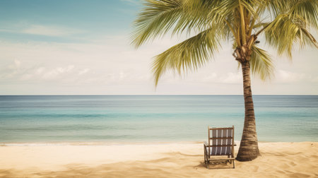 A beach scene with a palm tree and a beach chair. Generative AIの素材