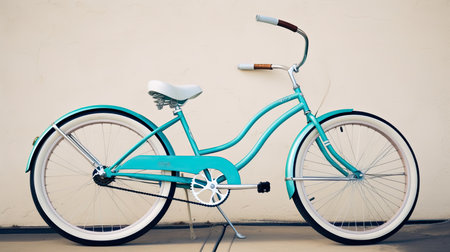 A beach cruiser bike leaning against a wall. Generative AIの素材