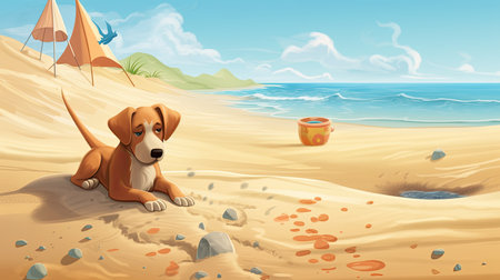 A beach scene with a dog playing in the sand. Generative AIの素材