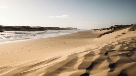 A beach landscape with sand dunes and waves. Generative AIの素材