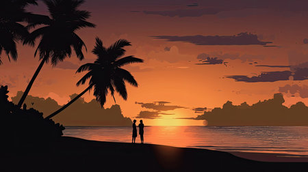 A beach scene with a couple enjoying a romantic sunset. Generative AIの素材