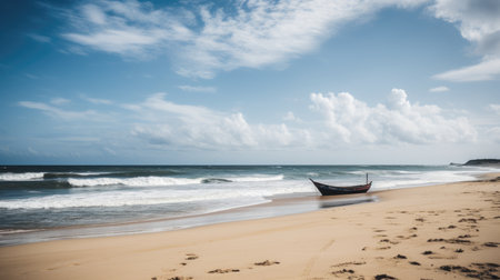 Beach scene with a fishing boat on the shore. Generative AIの素材