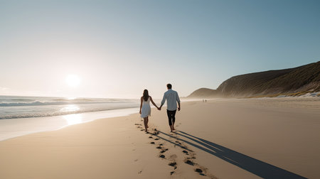 A beach scene with a couple walking hand in hand. Generative AIの素材