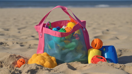 A beach bag with sand toys. Generative AIの素材