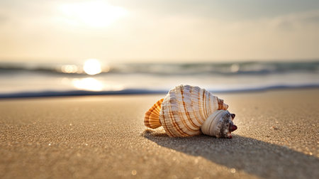 A beach scene with a seashell on a sandy beach. Generative AIの素材
