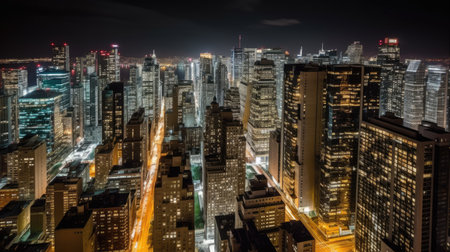 A city skyline with tall buildings and bright lights. Generative AIの素材